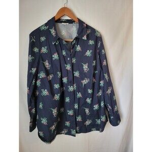 Talbots Women's 2X Plus Size Navy Blue Floral Long Sleeve Button-Down Shirt Top
